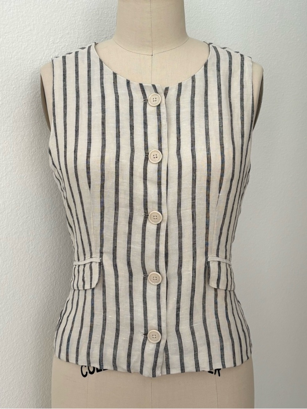 J Crew Striped Linen Vest NWT Cream & Black Crew Neck Button Front Tie-Back 10